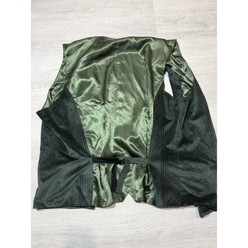 Silver Silk Men’s Dark Green Herringbone 3-Piece Suit Jacket, Vest, 44x30 Pants